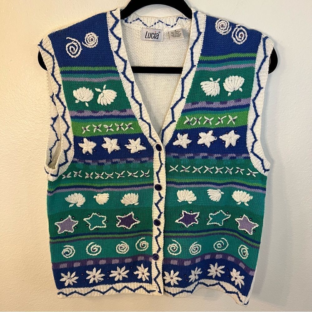 Vintage Lucia Sweater Vest Womens Small  Cottage core Grannycore Beach Vibe Blue